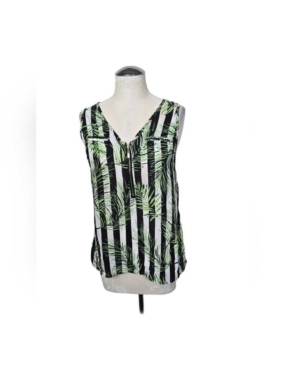 New Look Green Black Striped Tank Top Half Zip Floral Leaves M
